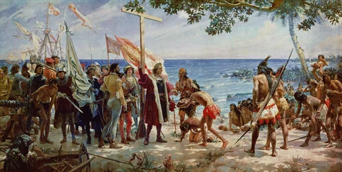 The disembarkation of Christopher Columbus on the Island of Guanahani in 1492, c. 1890